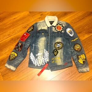 Reason Trucker Jacket Mens Small Blue Fleece Lined Patched Embroidered